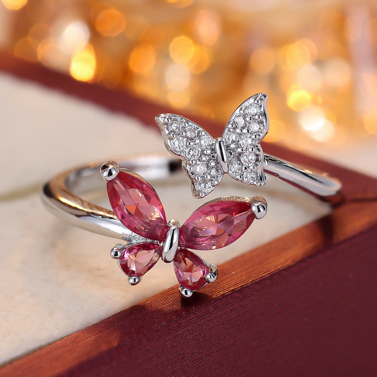 Inlaid Zirconium Double Butterfly Open Light Luxury Minority Design Fashion Rings