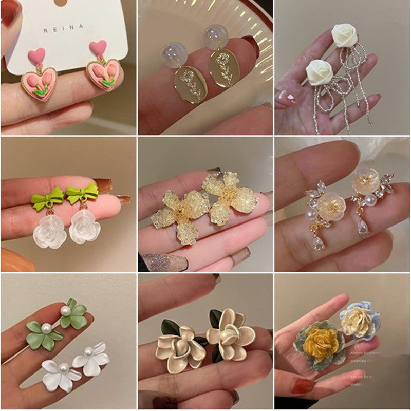 Women's Sier Needle Crystal Pearl Tulip Flower Simple Graceful Earrings