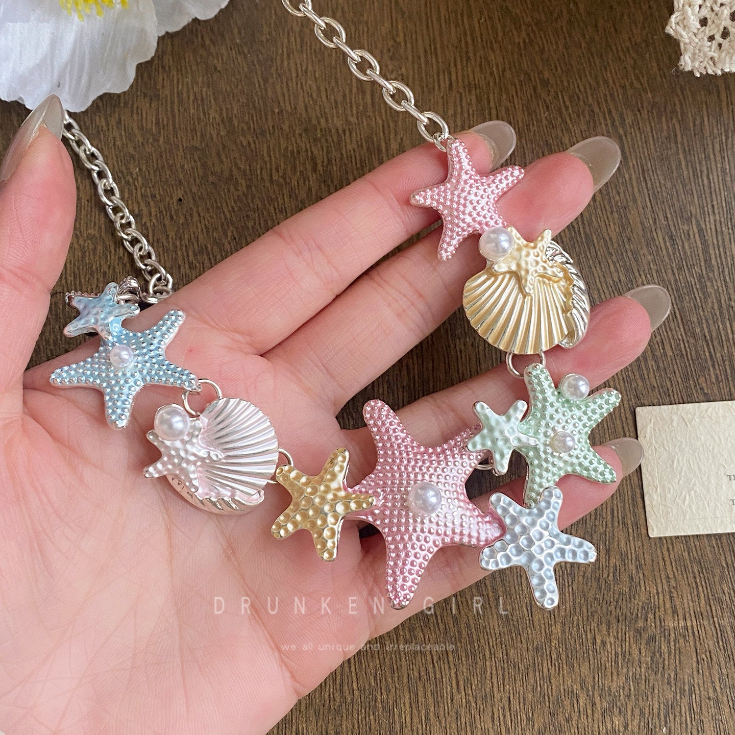 Colorful Starfish Shell Female Seaside Vacation Clavicle Chain Earrings