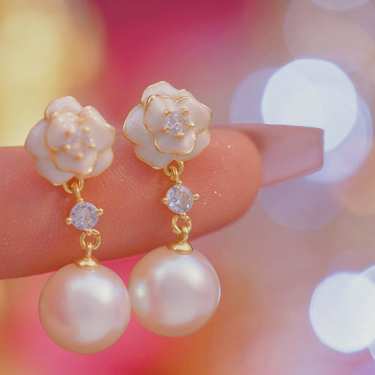 Sense Camellia Drip Glazed Pearl Refined Zircon Long Pink Mosquito Rings