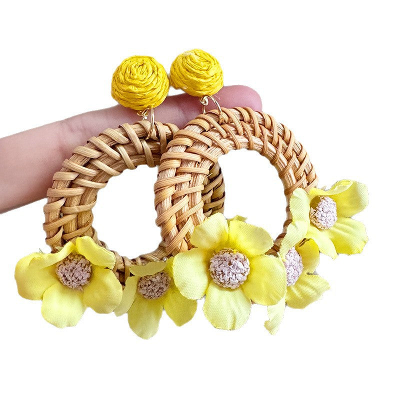 Bohemia Style Exaggerated Rattan Geometric Round Flower Unique Rings