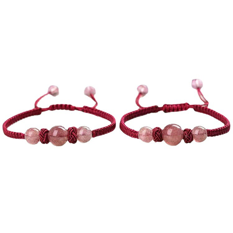 Women's Handmade Strawberry Quartz Obsidian Woven Crystal Bracelets