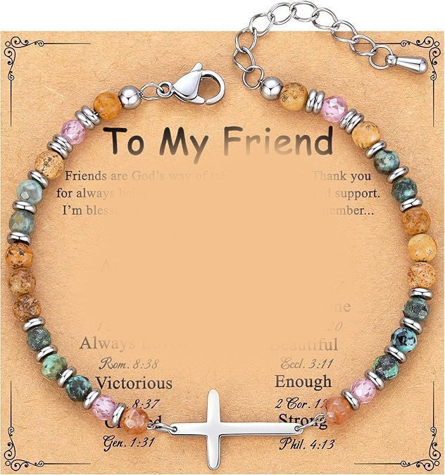 Women's Beaded Stainless Steel Cross Shelf Lobster Bracelet