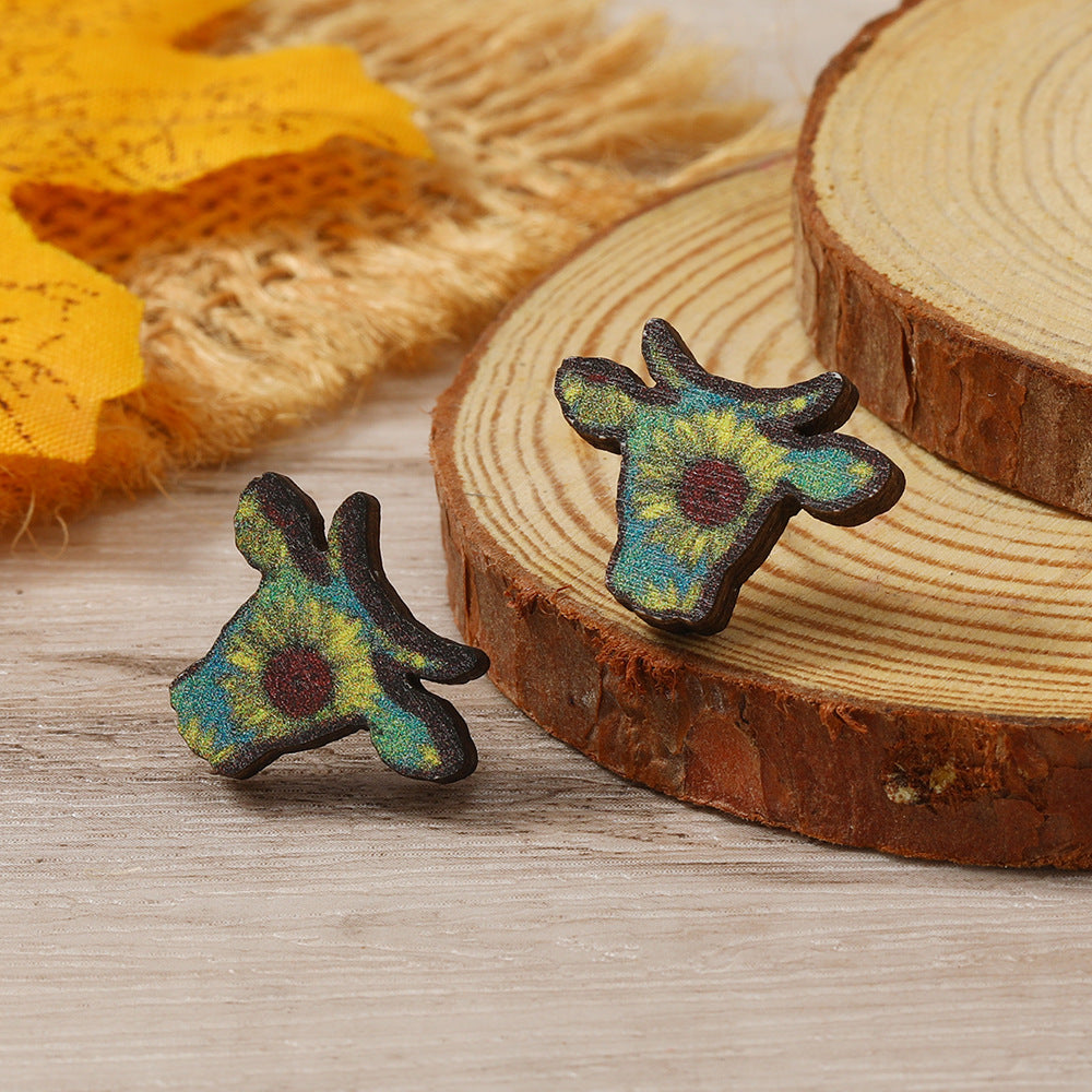 Head Wooden Simple Fashion Personality Cows Pattern Hat Leopard Earrings