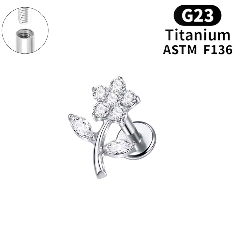 Titanium Alloy Flower Piercing Internal Thread Horse Eye Real Gold Stud Earrings