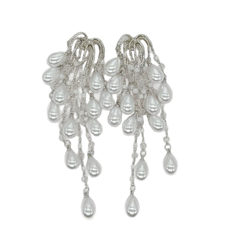 French Entry Lux Pearl Waterfall Tassel Fashion Niche Design Earrings