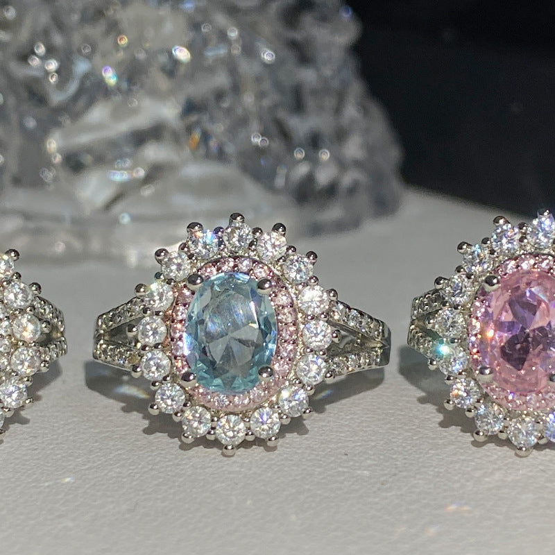 Imitation Aquamarine Sunflower Female Luxury Full Diamond Rings