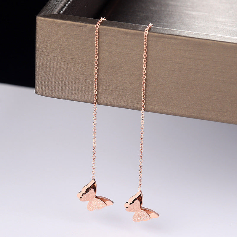 Women's Titanium Steel Temperamental Golden Butterfly Long Design Ear Line