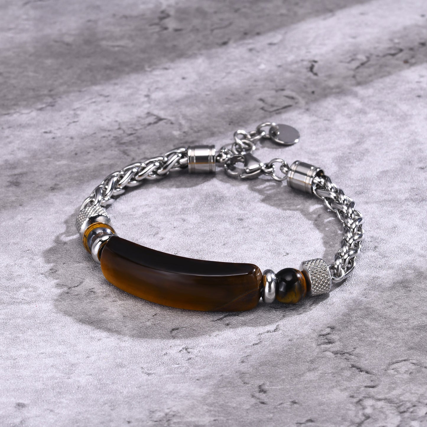 Steel Basket Chain Black Agate Tigereye Curved Bracelets