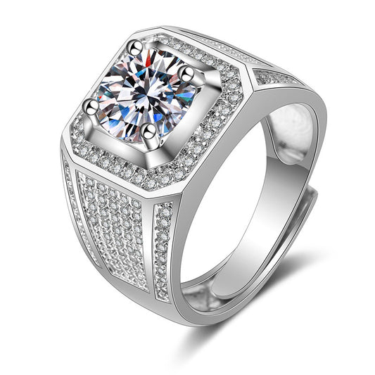 Men's Carbon Diamond Simulation Imitation Moissanite White Gold Plated Domineering Ring