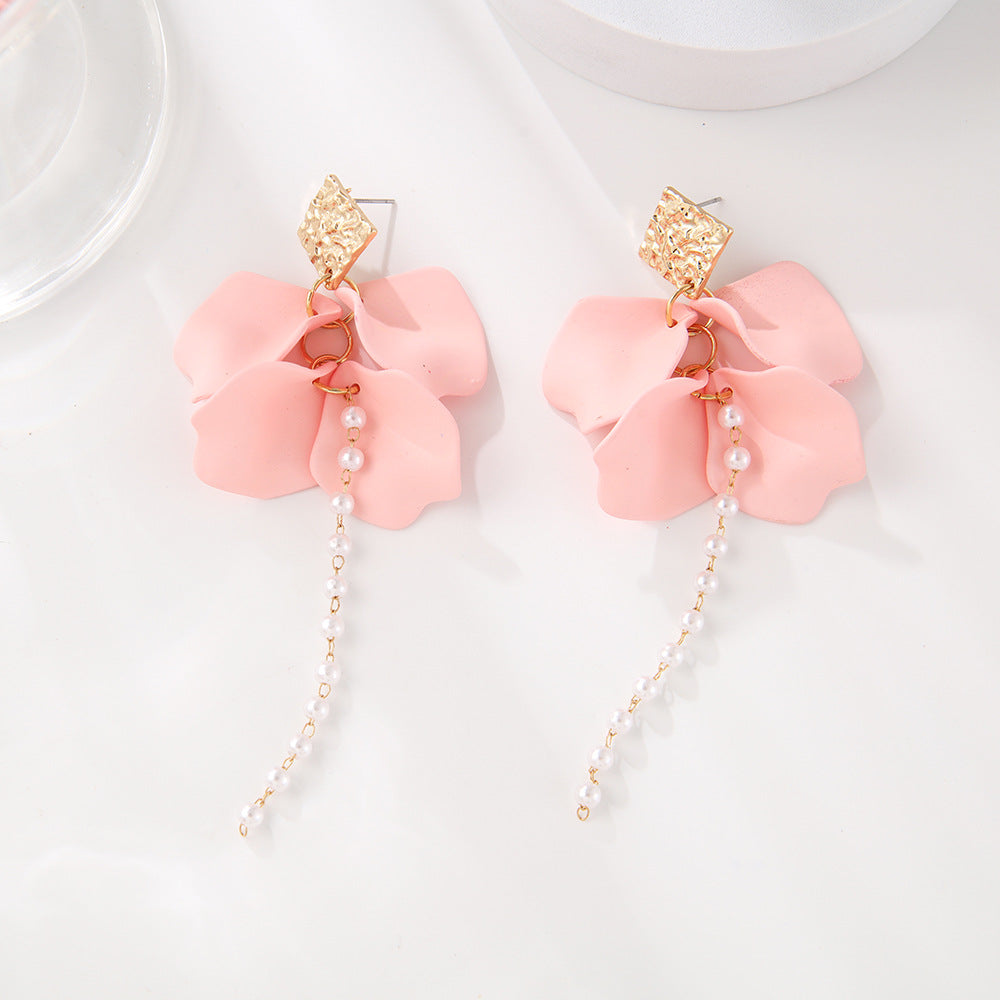 Style Red Blue Colorful Petals Pearl Long Trend Earrings