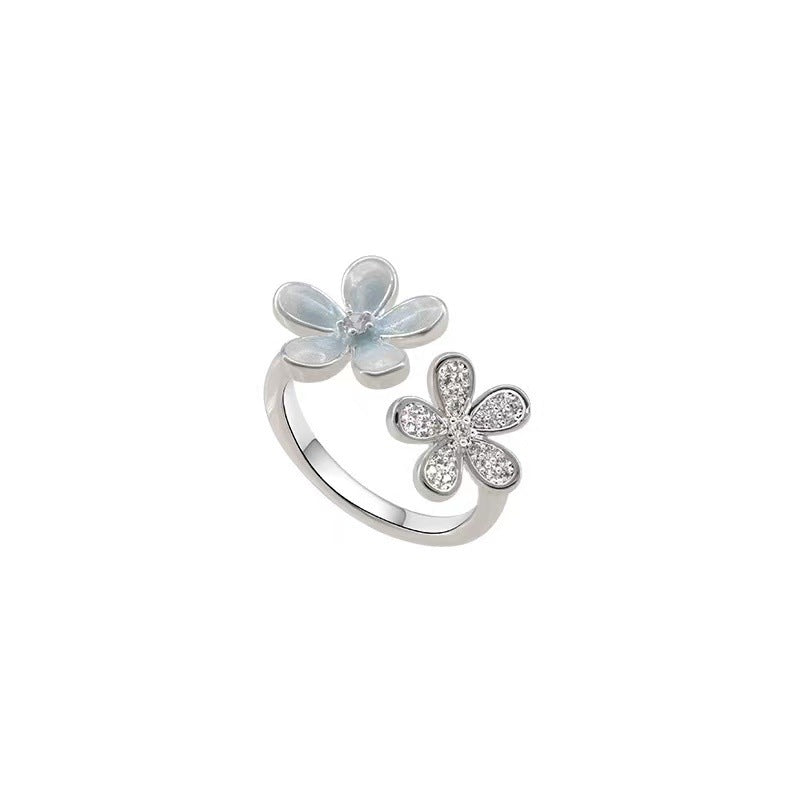 Ice Blue Gradient Flowers Open-end Zircon Mori Girlish Heart Rings