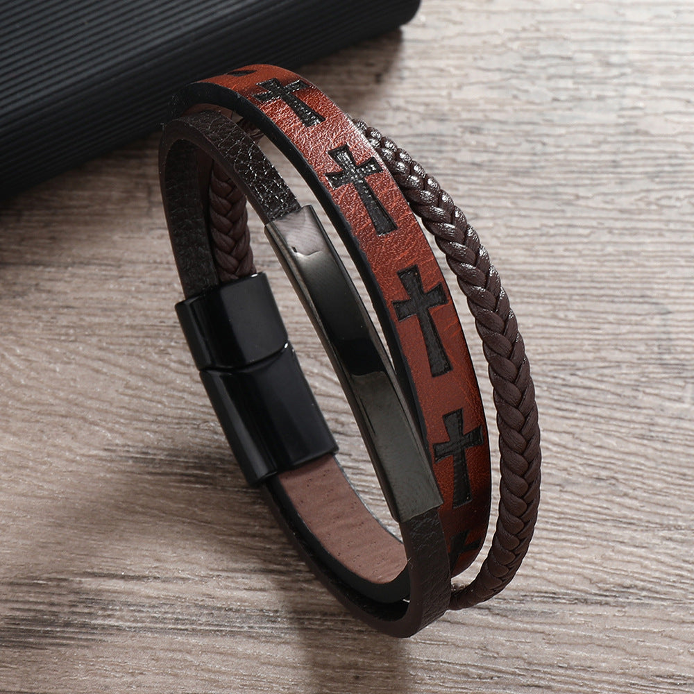 Men's Ornament Printed Cross Leather Woven Magnetic Bracelets