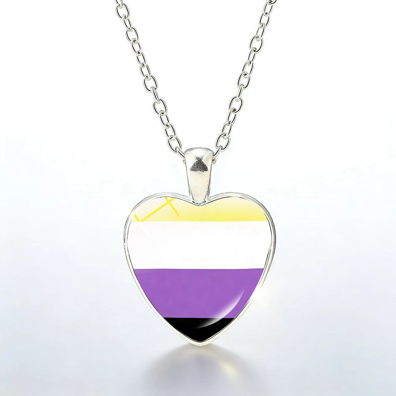 Multicolor Peach Heart Rainbow Pattern Time Gem Cabochon Necklaces