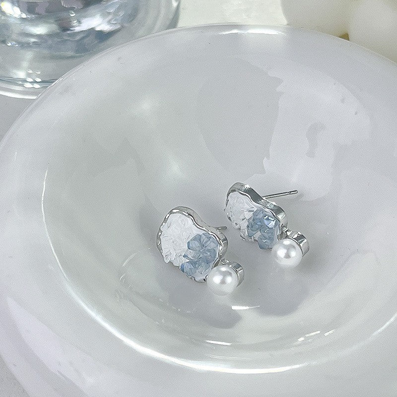 Flowers Small Exquisite Shiny Diamond Irregular Chain Pearl Earrings