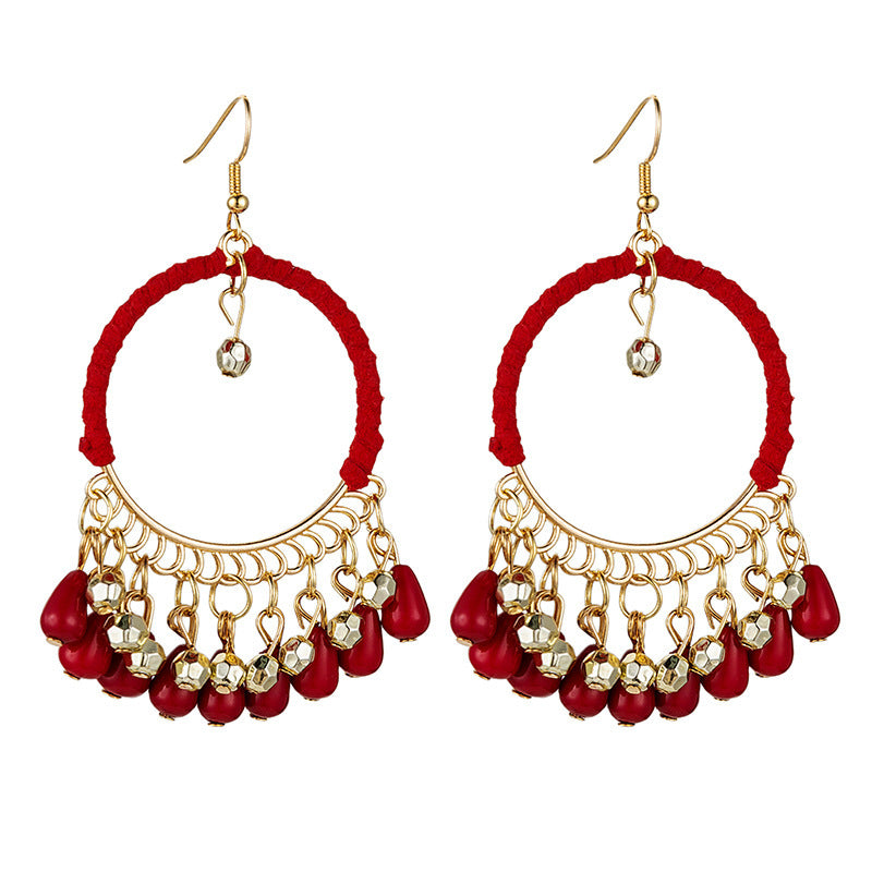 Women's Ethnic Style Bead Tassel Hand-woven Yunnan Earrings