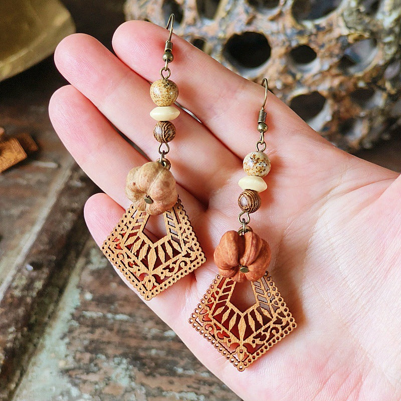 Style Retro Minority Mori Bohemian Indian Wandering Hollow Wood Grain Earrings