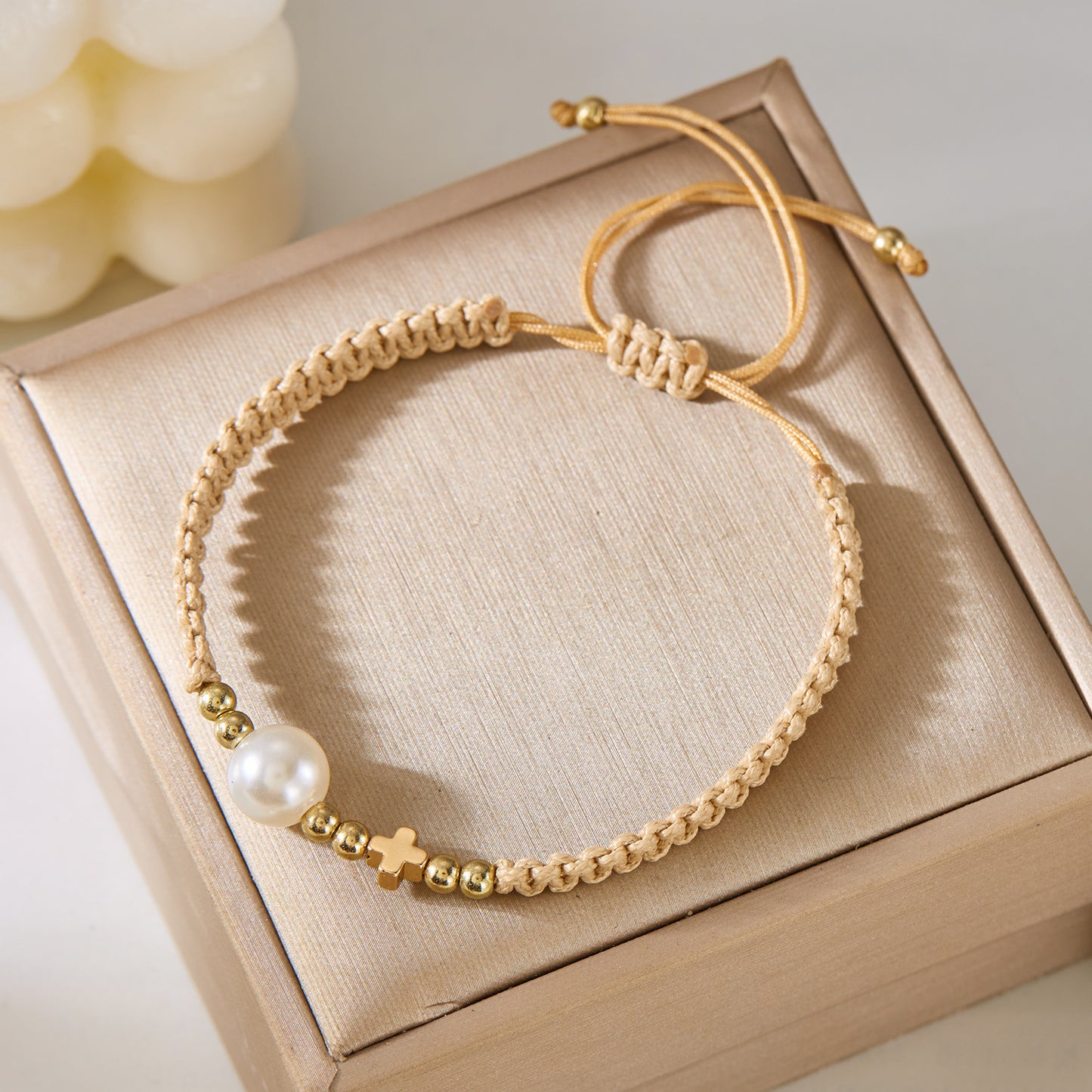 Simple Pearl Love Cross Khaki Hand-woven Bracelets