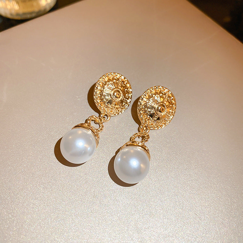 Women's Metal Round Imitation Pearl Tassel Sier Pin French Retro Baroque Earrings