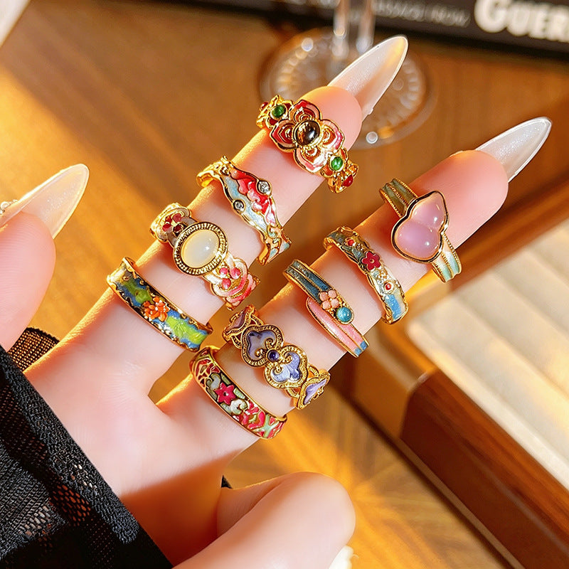 Chinese Style Sealing Enamel Drop Oil Gourd Flower Open National Ring