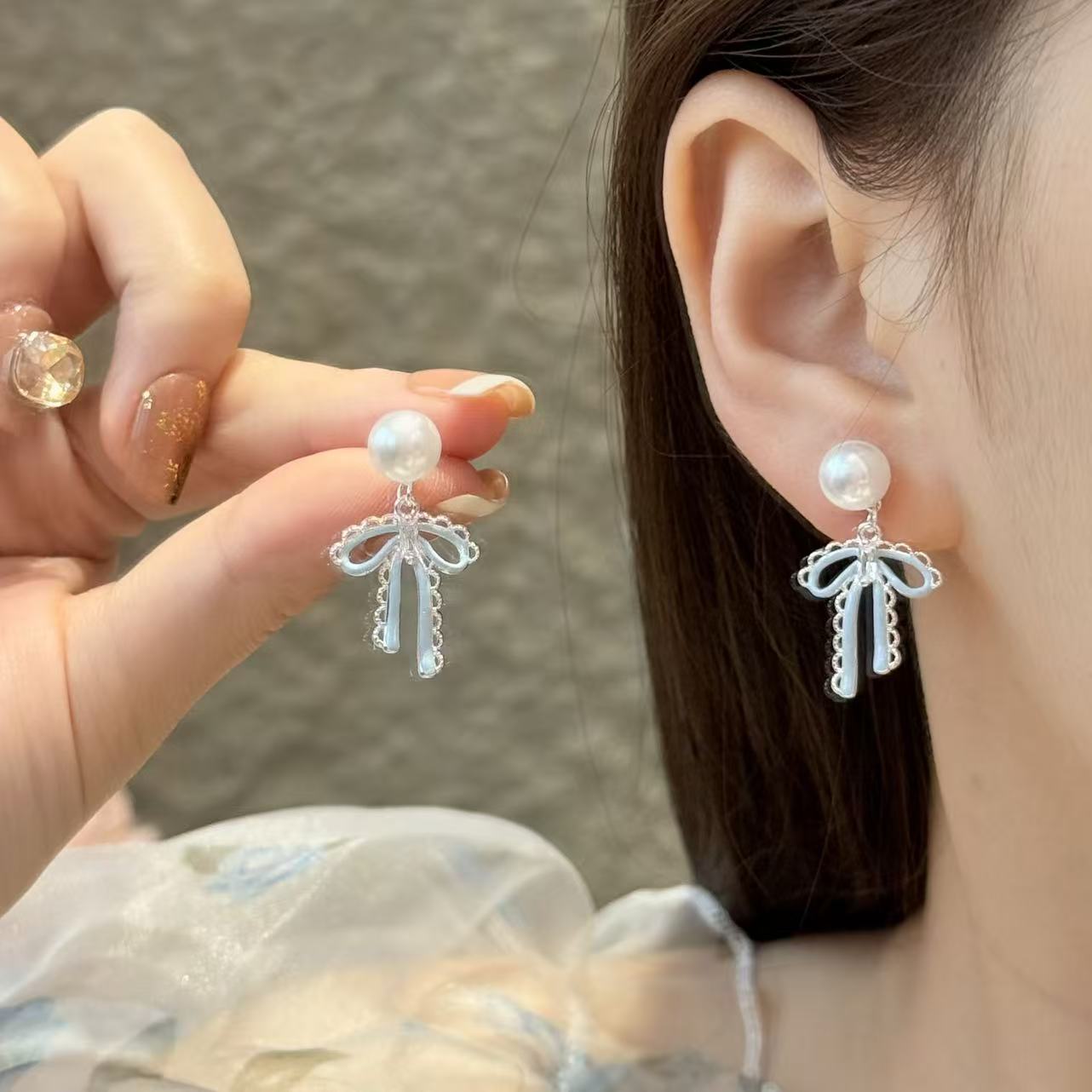 French Sweet Super Flash Zircon Drop Oil Lace Bow Pearl Earrings