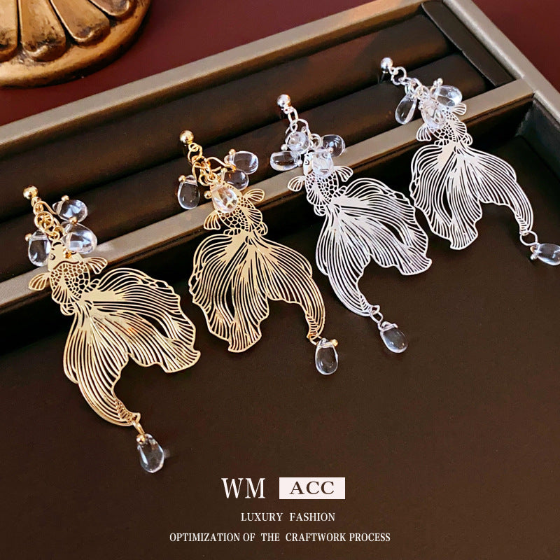 Women's Style Sier Needle Koi Unique Design Temperamental High-grade National Earrings