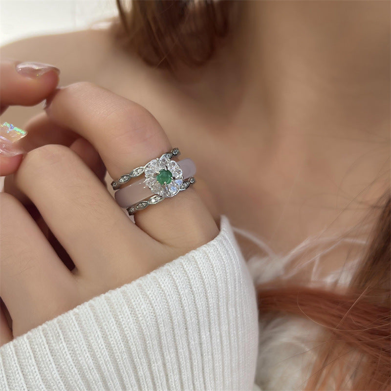 Lost Staff Series Transparent White Agate Chalcedony Unique Design Double Ring