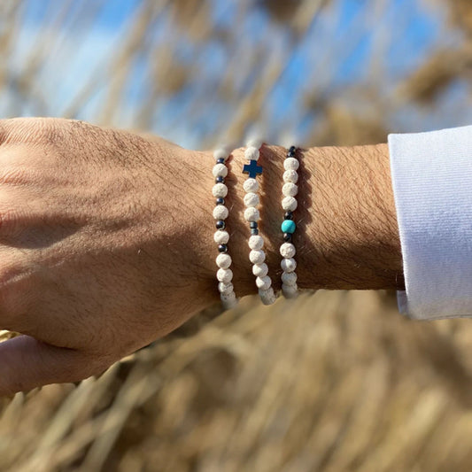 Men's Haematite Cross Beaded White Volcanic Stone Bracelets