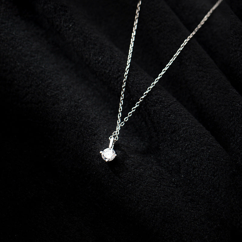 Sier Solitaire Simple Classic Style Clavicle Chain Diamond Inlaid Necklace