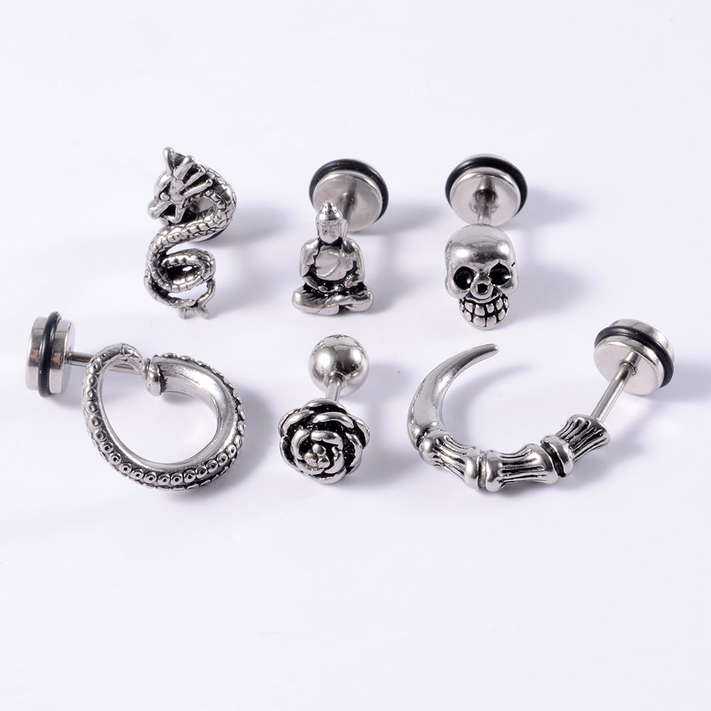 Piece Ear Stainless Steel Cross Ghost Head Earrings