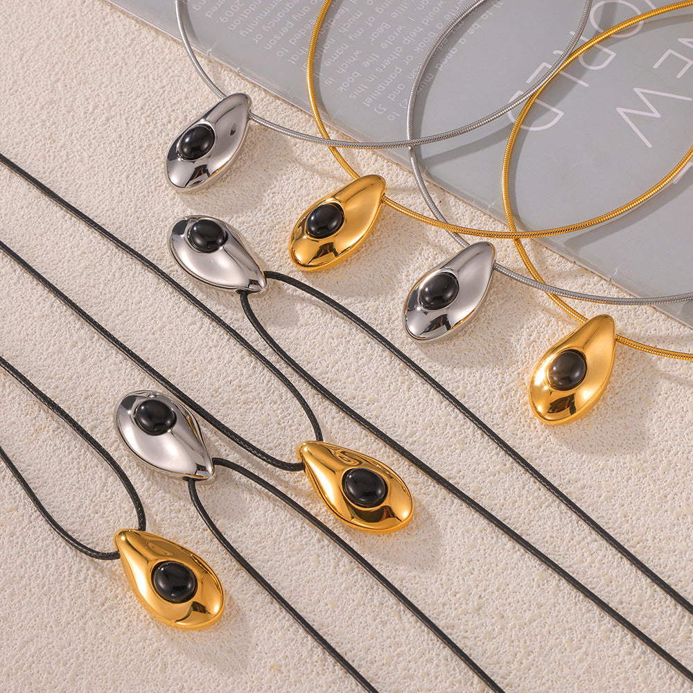 Women's Fashion Popular Titanium Steel Gold Plated Leather Rope Water Drop Necklaces