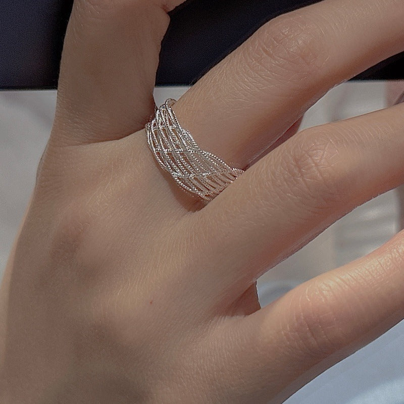 Sterling Sier Korean Niche Design Vintage Grid Style Fashionable Ring