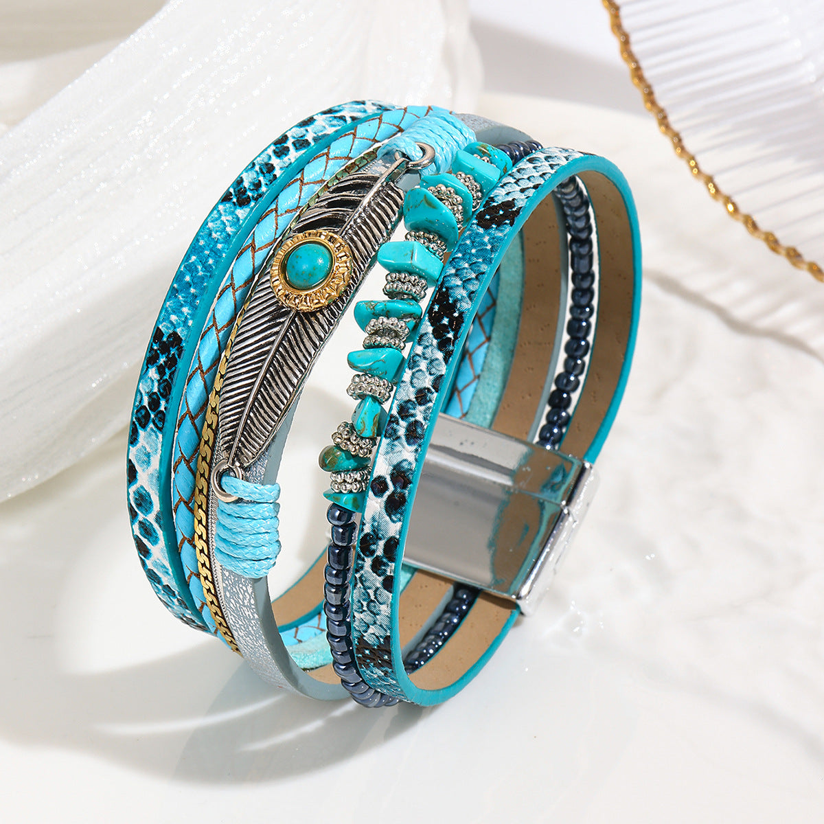 Bohemian Gravel Feather Leather Vintage Turquoise Bracelets