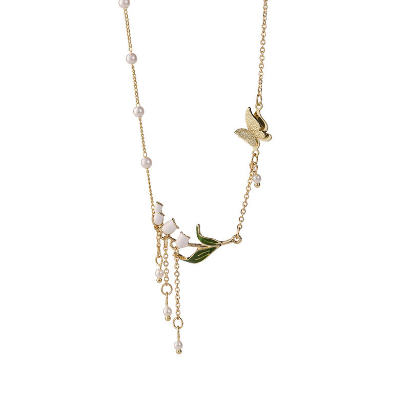 Women's Sier Needle Personality Asymmetric Lily Butterfly Niche Fresh Pure Design Necklace