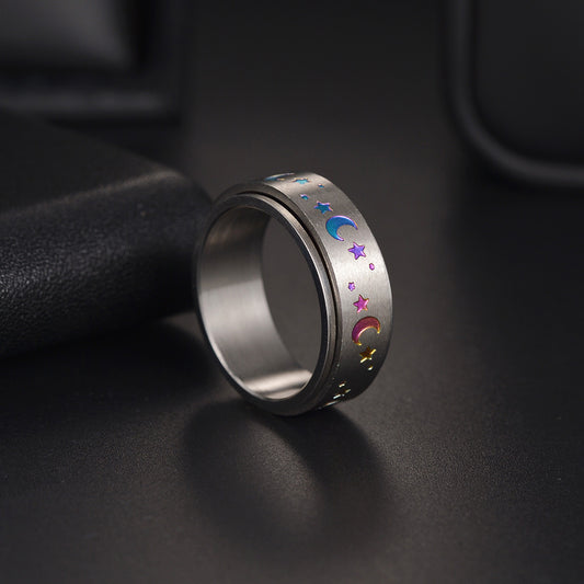 Rotatable Electroplating Color Star Moon Titanium Steel Stainless Rings