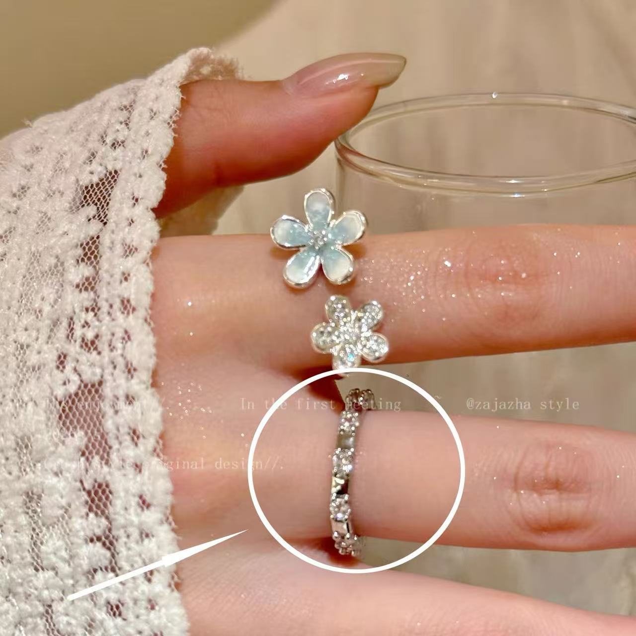 Ice Blue Gradient Flowers Open-end Zircon Mori Girlish Heart Rings