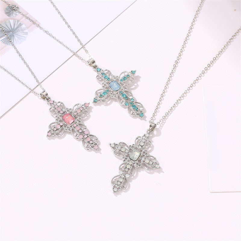 Bohemian Cross Hollow Jeweled Clavicle Chain Necklace