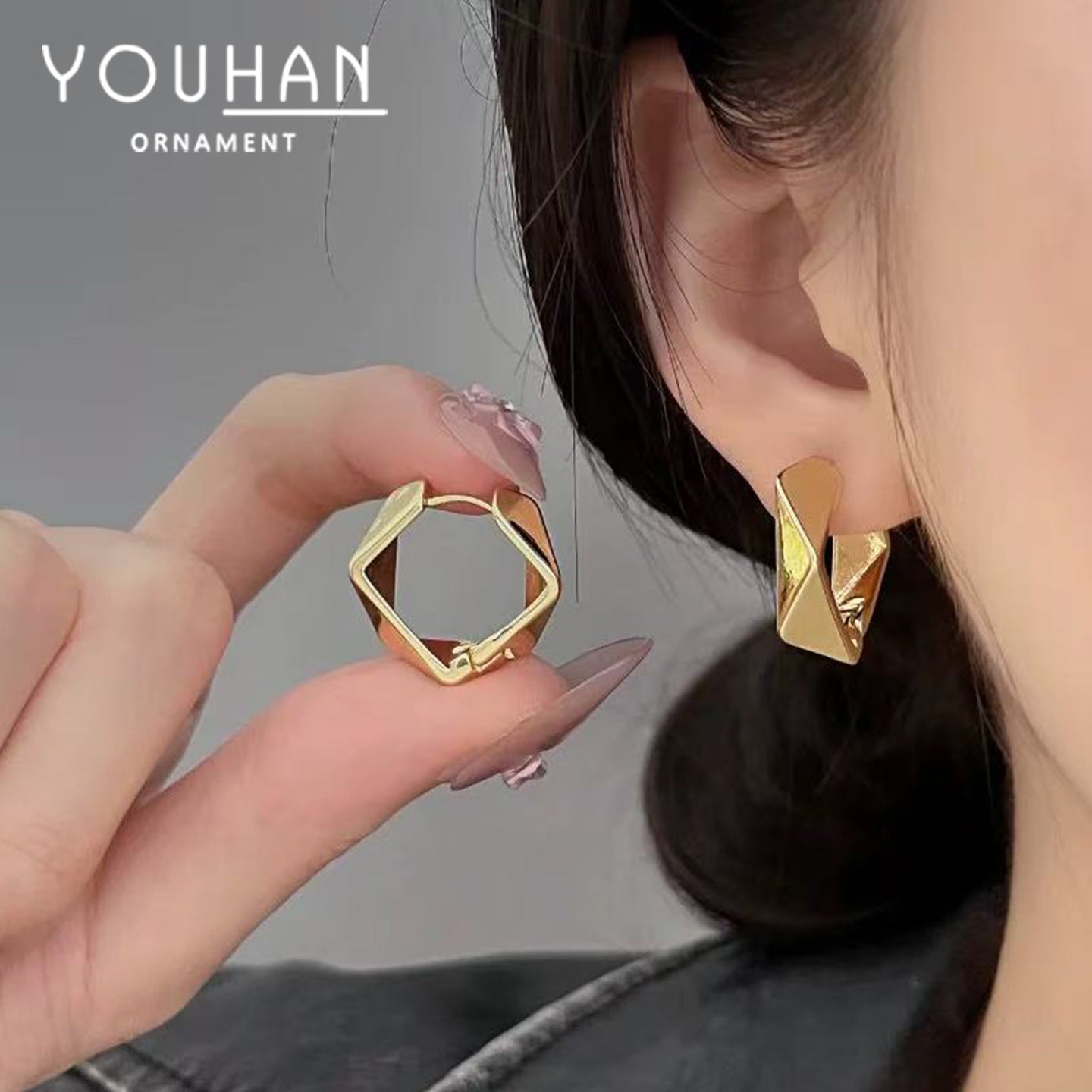 Metallic Female Coffee Gold Geometric Ear Live Broadcast Stud Earrings