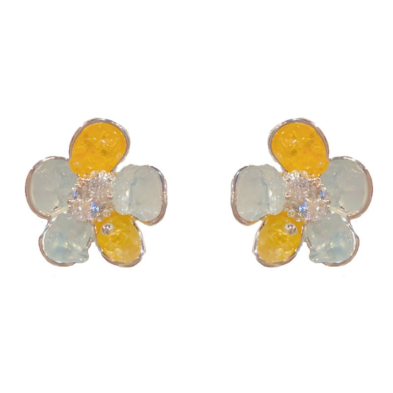 Thick Sier Handmade Point Crystal Petal Exquisite Light Luxury Simplicity Earrings