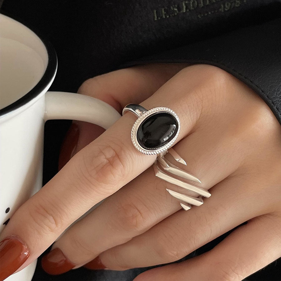 Sterling Sier Black Agate Cold Style Advanced Ring