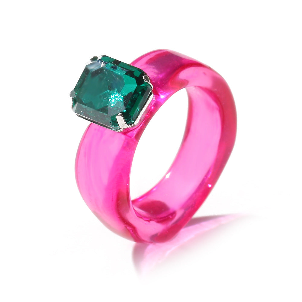 Colorful Transparent Resin Simple Inlaid Jewel Princess Pink Gem Rings
