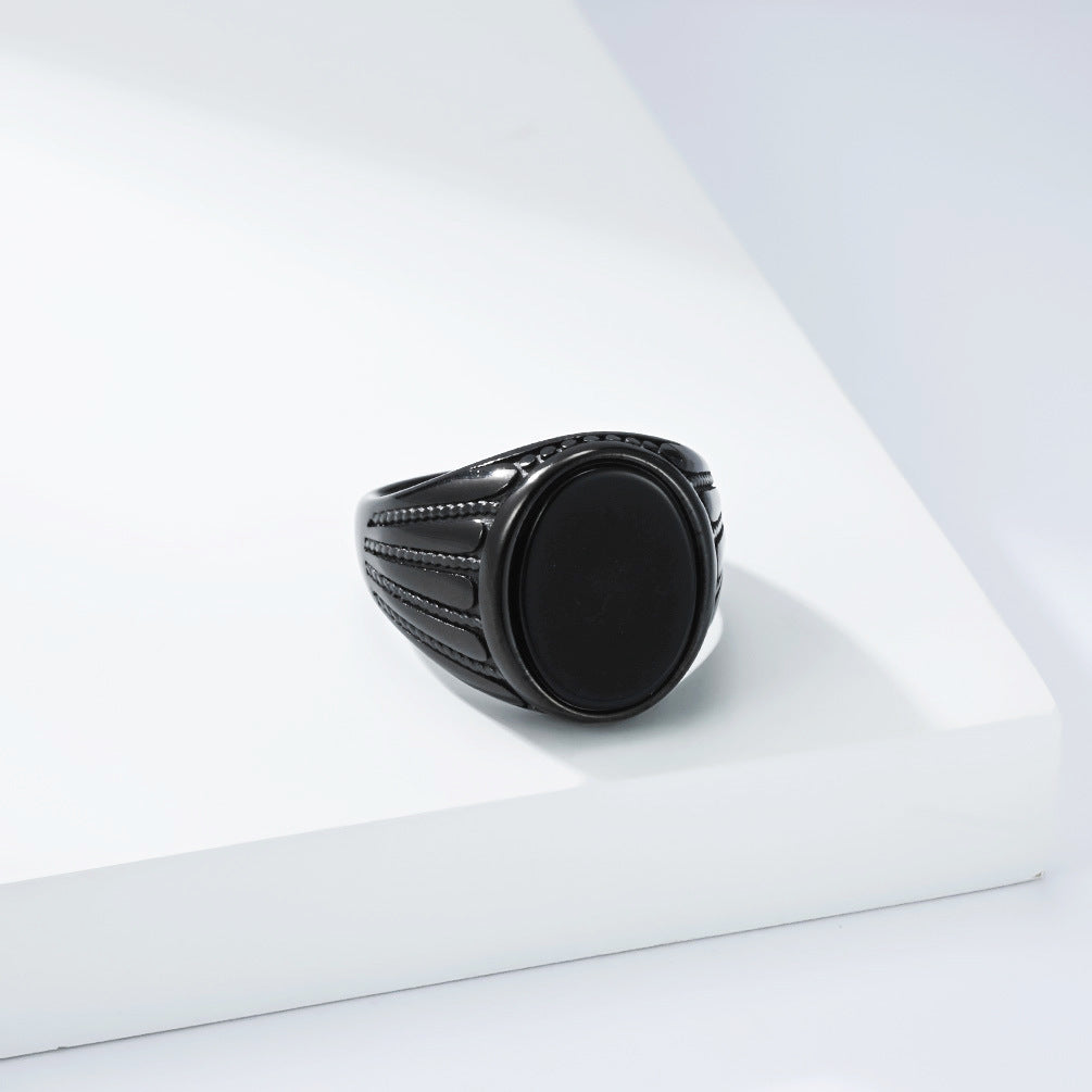 Men's Trendy Retro Black Onyx Titanium Steel Niche High Ring