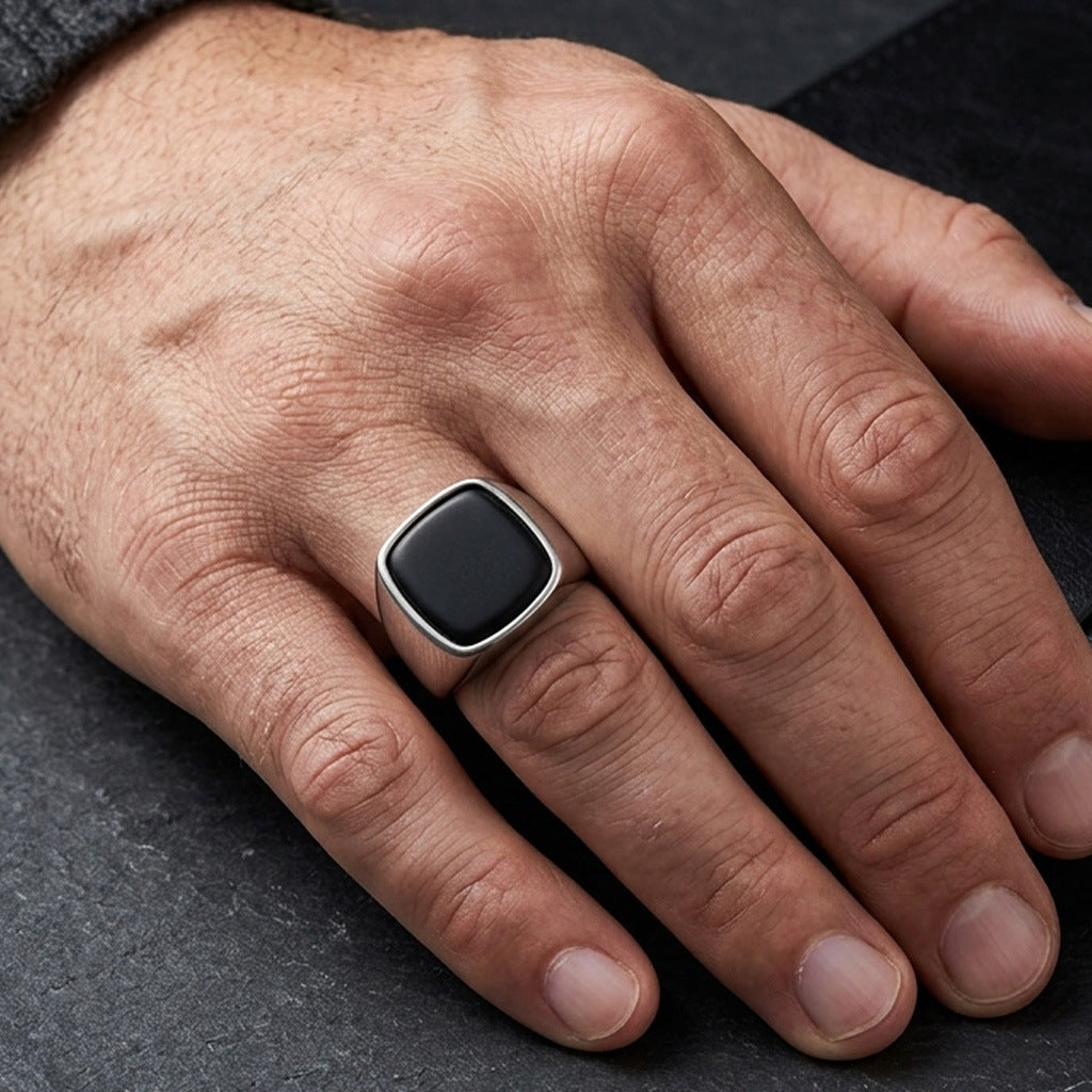 Men's Personality Retro Natural Gemstone Titanium Steel Ring