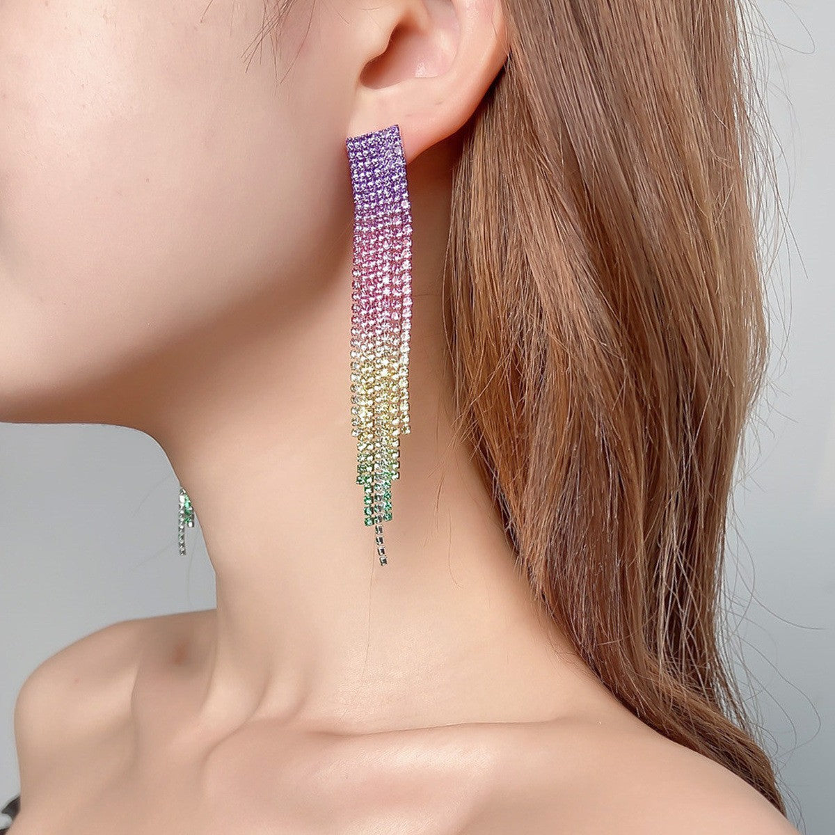 Women's Shiny Full Diamond Long Fringe High Earrings