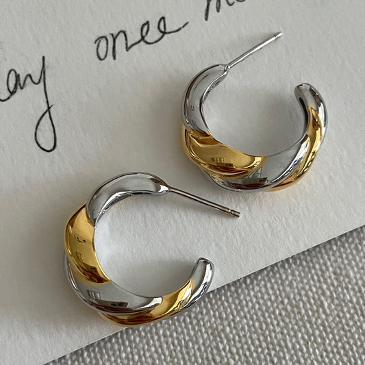 French Style Two-color Twist Half Round Color Separation Commuter Earrings