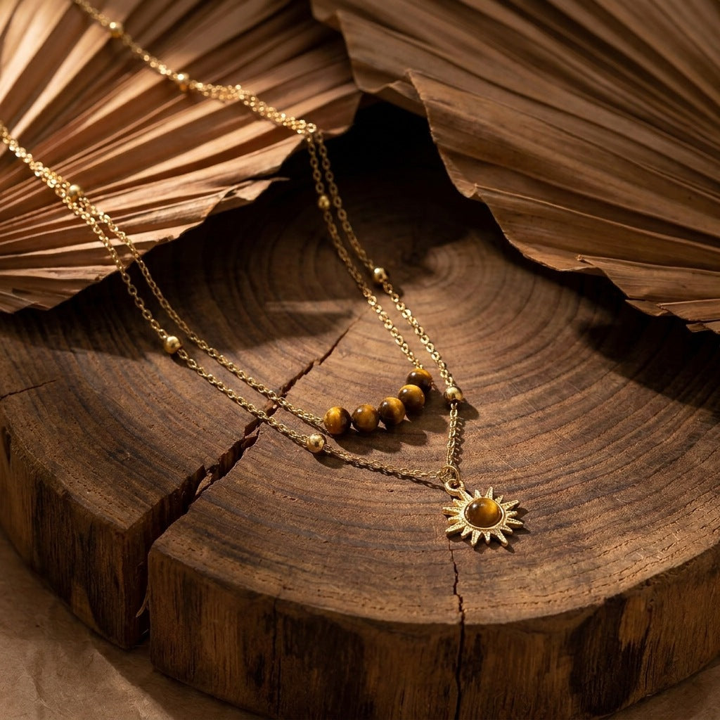 Women's Vintage Gold Sunflower Tiger Eye Niche Design Necklaces