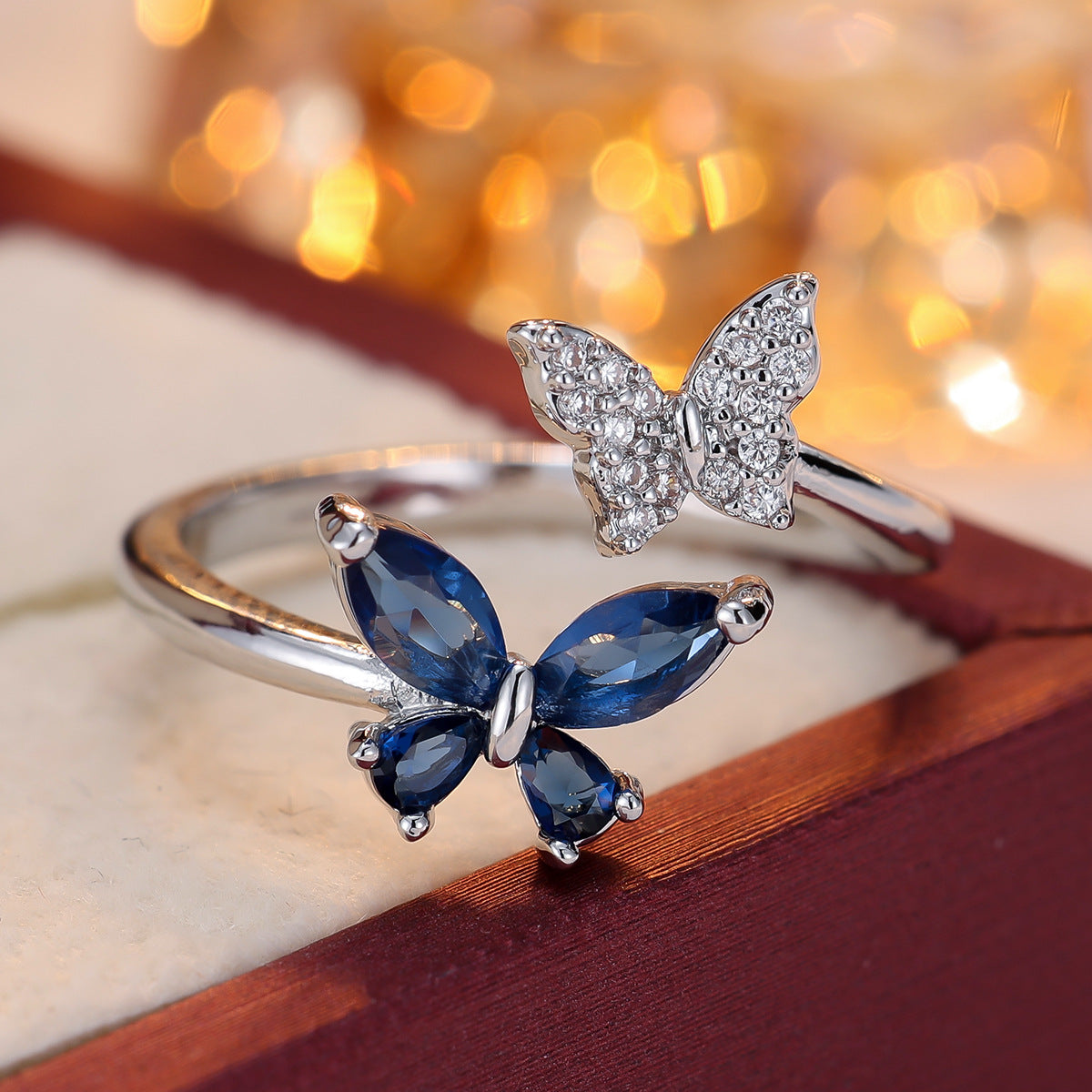 Inlaid Zirconium Double Butterfly Open Light Luxury Minority Design Fashion Rings