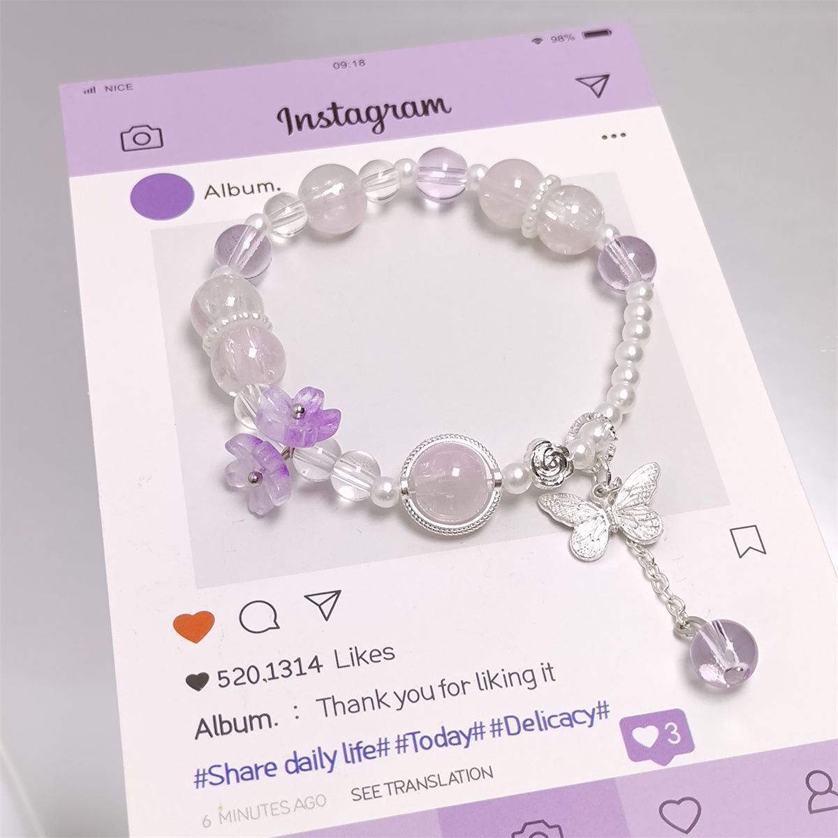 Sweet Dopamine Peach Blossom Pearl Super Niche Butterfly Classic Bracelet