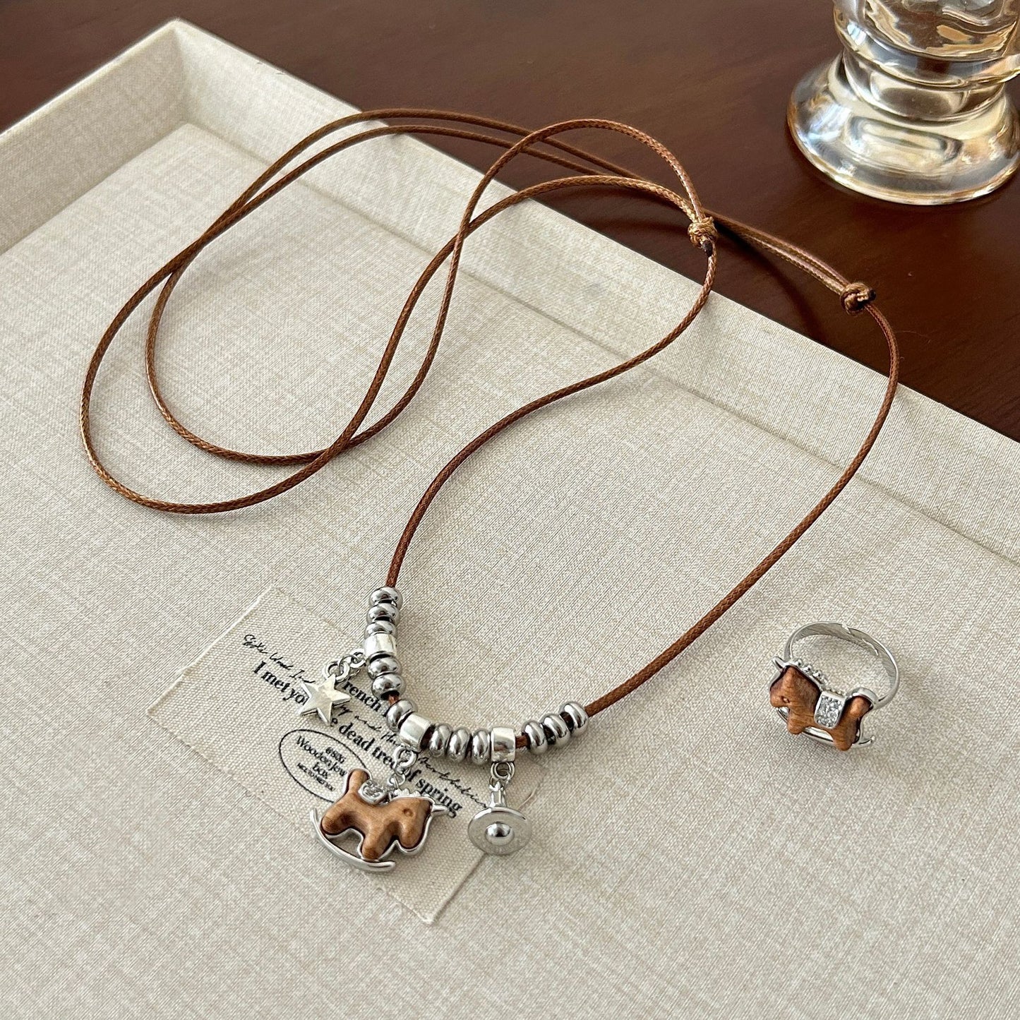 Women's Wooden Pony Retro Drawable Long Sweater Chain Horse Life Light Necklace