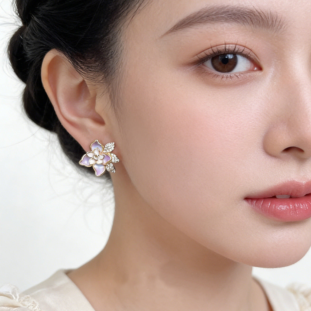 Enamel Painted Hand Painting Design Three-dimensional Flower Camellia Stud Earrings